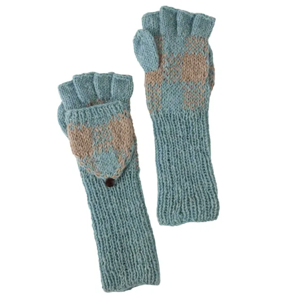 Aqua Tan Convertible Mittens - Fingerless Gloves