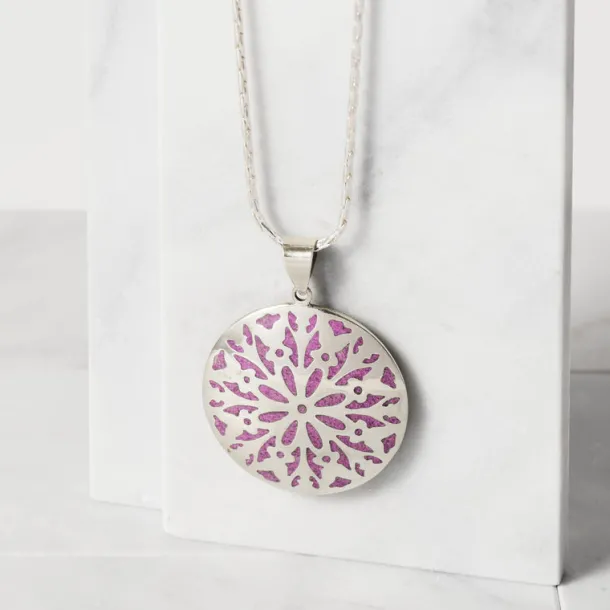 Etched Silver & Purple Medallion Pendant Necklace