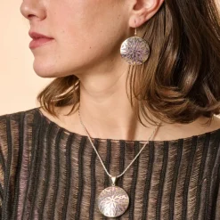 Etched Silver & Purple Medallion Pendant Necklace