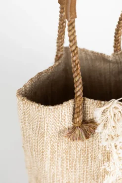 Jute & Cotton Tote with Leather Handles