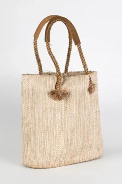 Jute & Cotton Tote with Leather Handles