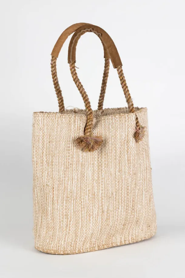 Jute & Cotton Tote with Leather Handles