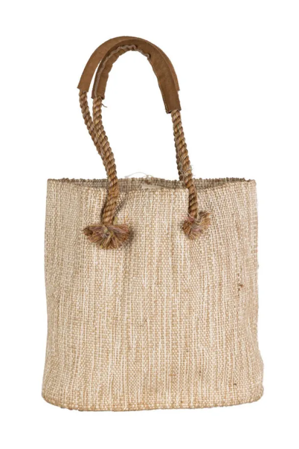 Jute & Cotton Tote with Leather Handles