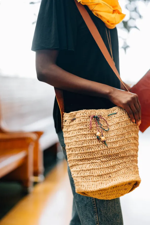 Jute Bucket Bag - Leather Strap