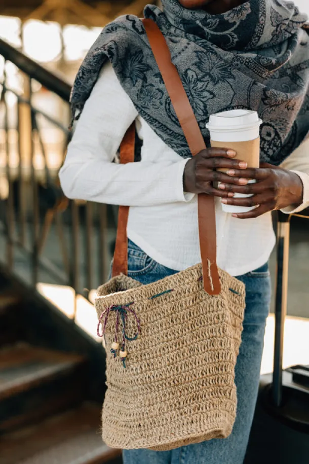 Jute Bucket Bag - Leather Strap