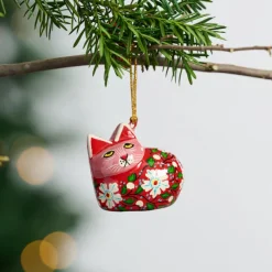 Painted Floral Cat Paper Mâché Ornament