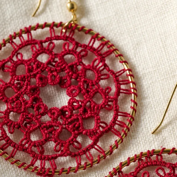 Red Medallion Tatted Drop Earrings
