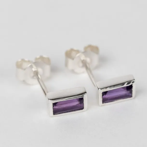 Silver Amethyst Baguette Earrings