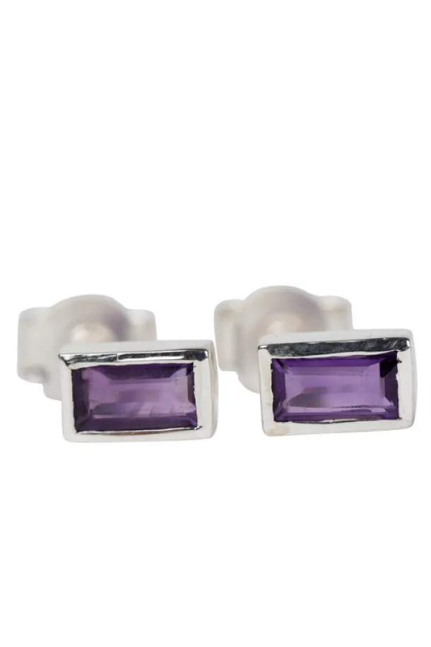 Silver Amethyst Baguette Earrings