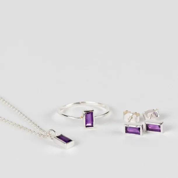 Silver Amethyst Baguette Earrings