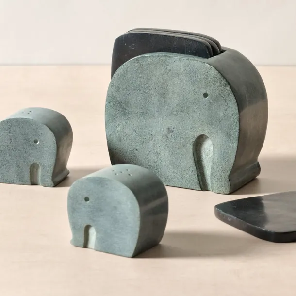 Stone Elephant Holder and Coasters - Set of 4