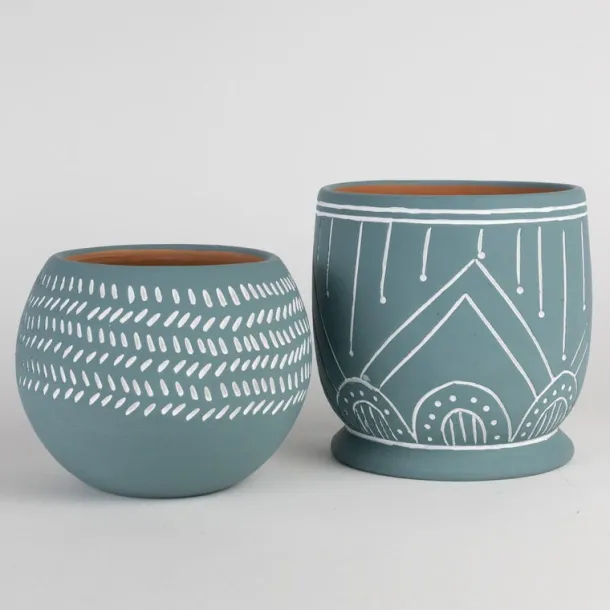Teal Scored Terracotta Planter